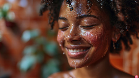 A youthful black girl with radiant complexion cleanses her face using beauty product, grinning and gazing upwards while relishing the supple sensation from a hydrating facial treatment.の素材