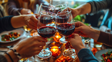 Joyful companions raising glasses of red wine at social gathering - Folks enjoying midday meal at pub eatery - Lifestyle idea with males and females socializing - Cuisine and drinks.の素材