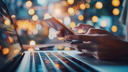 The idea of making payments digitally, where individuals utilize a mobile device for online banking and shopping, through the use of technology and internet connectivity for financial transactions.の素材