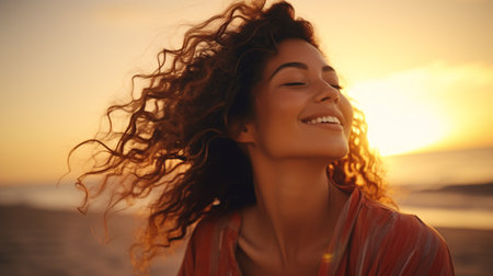 Gleeful Latina lady unwinding on shore at dusk with eyes shut. Lovely biracial woman savoring breeze through her hair. Enchanting lady inhaling crisp summer air by the beach.の素材
