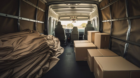 Interior of a moving truck, displaying cloth coverings arranged and a backdrop of cartons. Idea for relocating, safeguarding belongings, storing, packing, and delivering. Empty area.の素材