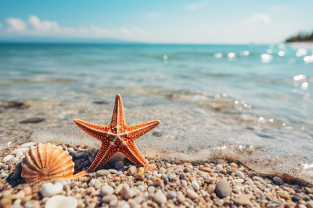 Asteroids resting on sandy shore in crystalline ocean. Summery backdrop. Summertime. Empty room. Unwinding by the shore.の素材