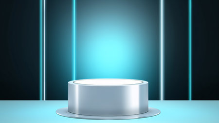 A cylinder stand featuring an illuminated neon lamp and 3D geometric shapes, serving as a mockup display for promotional purposes.の素材