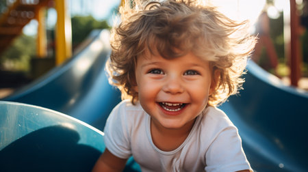 Joyful toddler male having fun on a swing at the park during the warm season.の素材