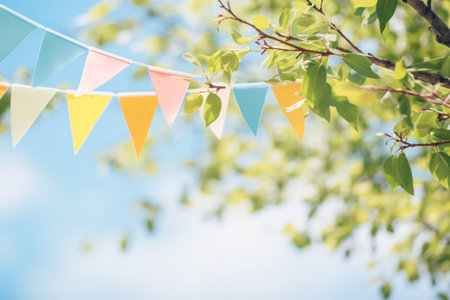 Vibrant bunting adornment in verdant tree leaves against azure sky, summertime celebration backdrop design with room for text.の素材