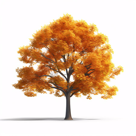 A 3D, computer-rendered illustration of an isolated, autumnal treescape on a white backdrop.の素材