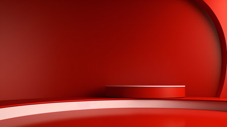 Vibrant crimson workspace backdrop with silhouettes of glass panels for showcasing merchandise.の素材