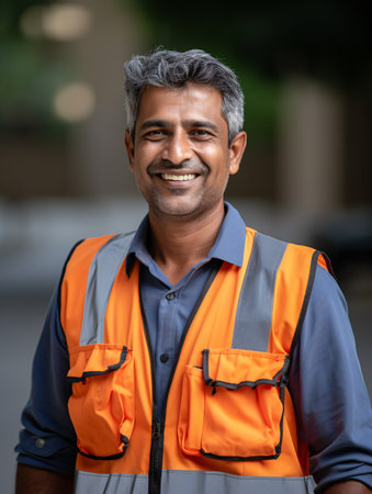 Happy engineer in vest and hard hat for safety on white background. Smiling contractor or designer managing project in India.の素材