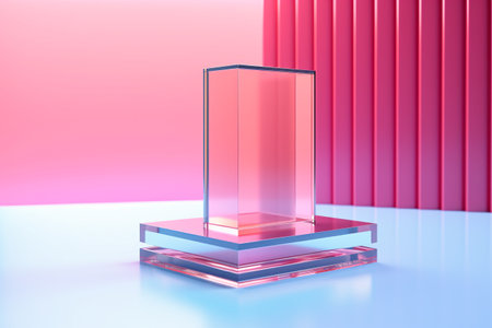 Vibrant multicolored abstract backdrop using see-through and grooved plexiglass. Display for beauty items promotion. Platform for showcasing and marketing fresh packaging.の素材