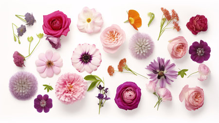 A colourful bouquet of blossoms atop a pristine white surface.の素材