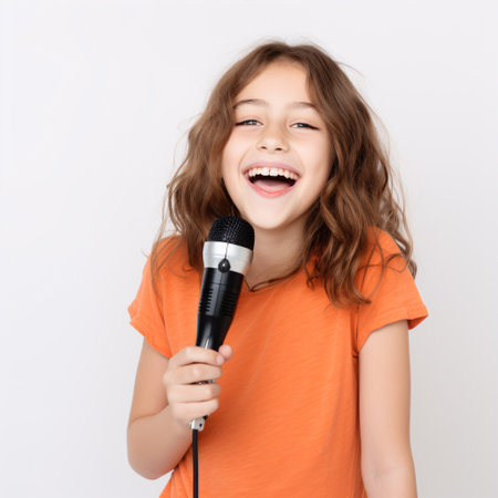 An adolescent female crooning while beaming, holding a mike on a bright backdrop.の素材