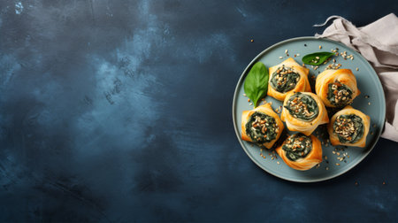 Savory spinach pastries with Gorgonzola, walnuts, and sesame.の素材