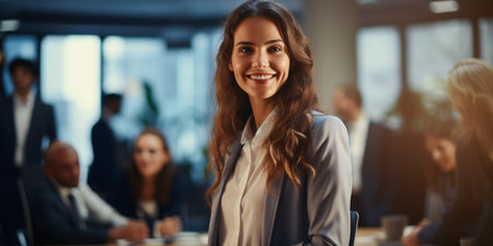 A charming, youthful businesswoman greeting an unfamiliar coworker in a conference room.の素材