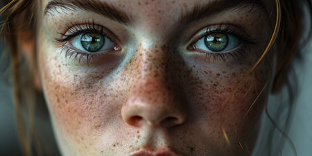 Close-up of a youthful woman's freckled visage.の素材