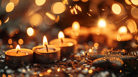 Festive New Year's celebration with gold candles on a sparkly background, perfect for a holiday message.の素材