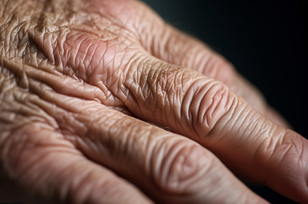 A macro close-up of a human hand, depicting the skin's surface texture with wrinkles.の素材