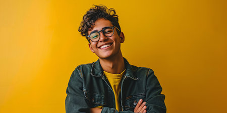 Content young Latin male posing in front of yellow backdrop with cheerful expression, arms crossed, and direct gaze towards the lens. Optimistic individual.の素材