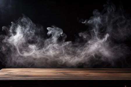 A dark background and a smoke-filled wooden table provide an open display for your merchandise.の素材