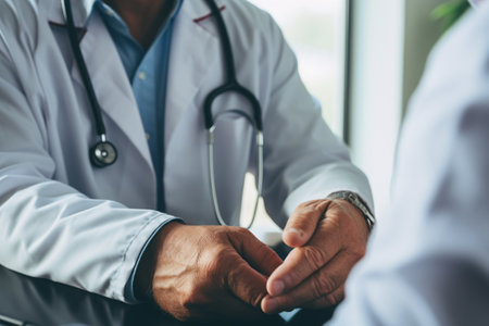 Medical consultation for wellness check and blood pressure test between healthcare specialist and Indian patient at hospital.の素材