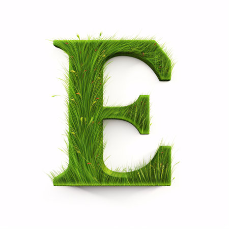 A 3D design of a capital E with a lush grass meadow on a white background, symbolizing environmental protection.の素材