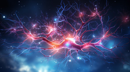 Neural circuitry glows, throbbing with vigor and luminosity, symbolizing the electric and dynamic character of human thinking.の素材