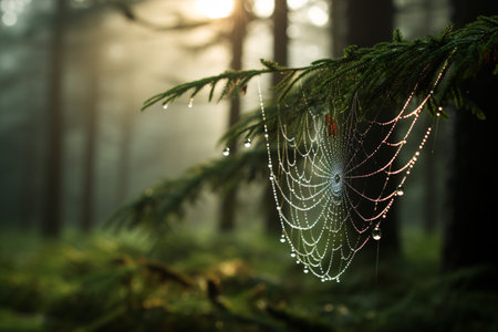 A delicate, moisture-laden spider web glistening in a magical wood, illuminated by the dawn's initial rays.の素材
