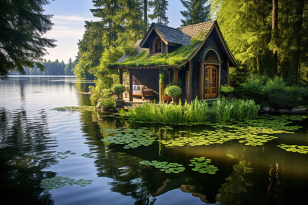 A serene boat-shed at the brink of a placid lake, amid a copious vegetation, forming a tranquil lakeside sanctuary.の素材