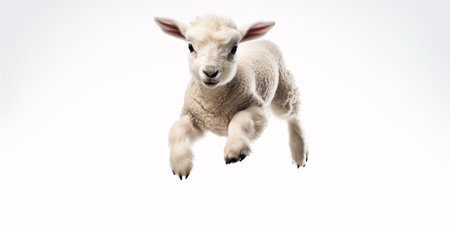 Tiny lamb leaping in the sky against a pale backdrop.の素材
