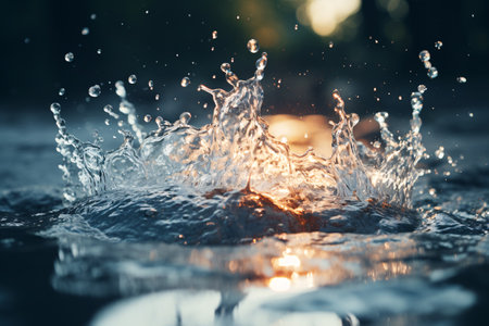 A blurred image of water colliding with a wall and ground, bursting into droplets and creating an explosion effect, captured in a stop motion freeze shot for texture.の素材