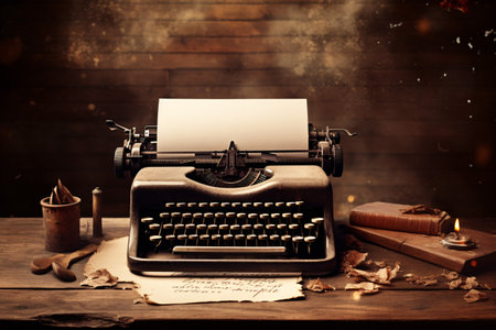 An antique typewriter on a primitive wooden table, amidst parchment sheets and splotches of ink.の素材