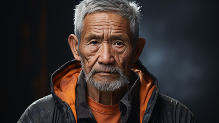 An elderly Asian man, contemplatively gazing into the camera, is captured in a close-up studio shot.の素材