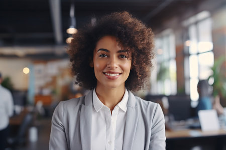 A smiling portrait of a successful female executive for a thriving startup.の素材