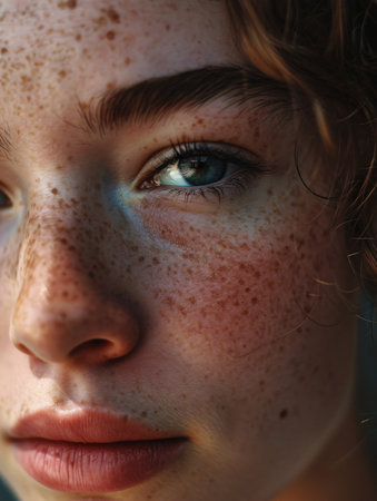 Close-up of the visage of a youthful lady with speckles.の素材