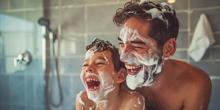 A father and son bonding and enjoying each other's company in the bathroom with shaving cream on their faces on Father's Day.の素材