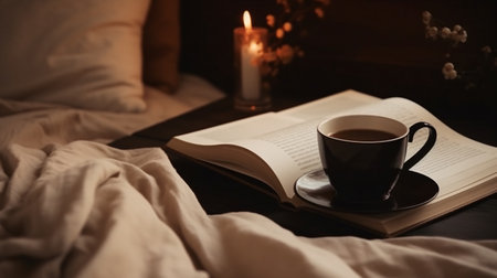 Aromatic coffee brewed in a French press served on a wooden tray with a book in a cozy morning setting at home.の素材