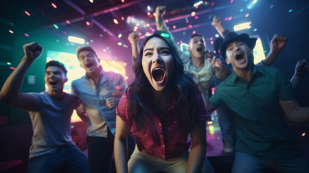 A jubilant group of friends rejoicing in the triumph of a youthful Asian woman in an internet esports venue.の素材