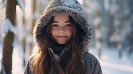 Adorable adolescent girl enjoying snowy woodland adventure on cold winter day. Young teenager discovering outdoors. Fun winter pastimes for children.の素材