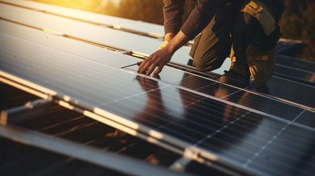 A technician is fitting photovoltaic solar panels atop a residence, illustrating the concept of alternative, renewable power.の素材