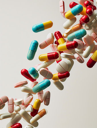 Pills descending on white background with clear focus, ready for editing.の素材