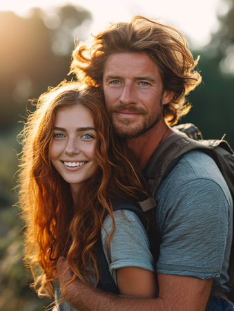A depiction of a white couple with the man carrying his red-haired partner on his back, basking in the sun during a weekend getaway.の素材