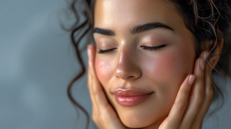 Smiling Hispanic lady with natural makeup feeling her radiant complexion against a grey backdrop.の素材