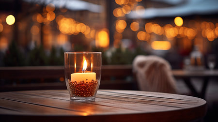 A glowing candle on a winter patio creates a warm ambiance with blurred background.の素材