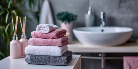 A pile of spa towels on a white table against a bathroom backdrop. Generative Aiの素材