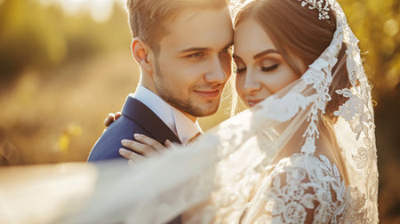 A loving bride and groom embrace in a natural setting, with a gorgeous woman in a white gown and a man in formal attire.の素材