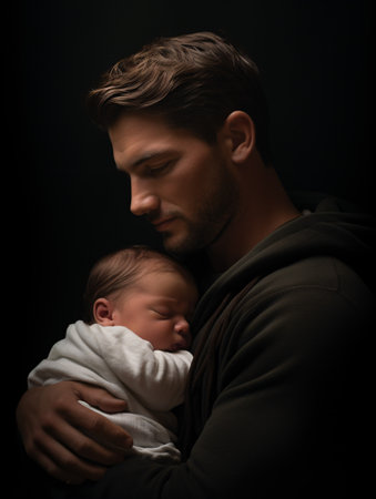 A picture of a new father embracing his infant child, embodying the idea of paternal adoration on Father's Day.の素材
