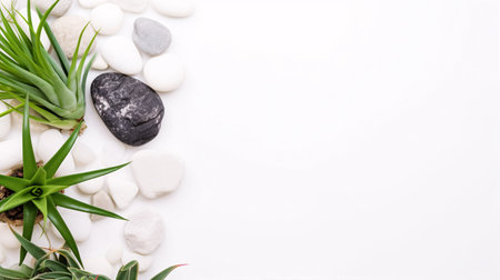 Cosmetic products displayed on a plain white background with green foliage and natural rocks, providing plenty of space for text.

Products featuring white background with greenery and stones, offering abundant room for content.の素材