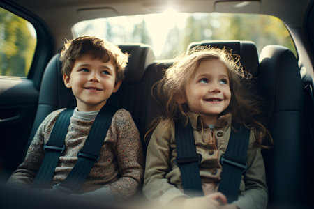Kids sitting in the back of a car while a content family takes a trip in a new vehicle.の素材