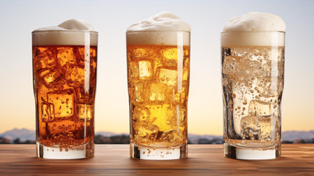Three frosty brewing mugs of assorted ale, alone on a plain background.の素材