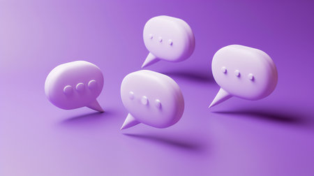 A collection of 3D white dialogue boxes on a violet backdrop.の素材