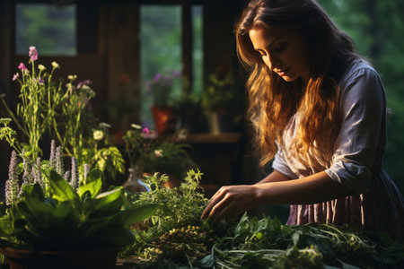 A lady gathers healing plants. Focused on select. Outdoors.の素材